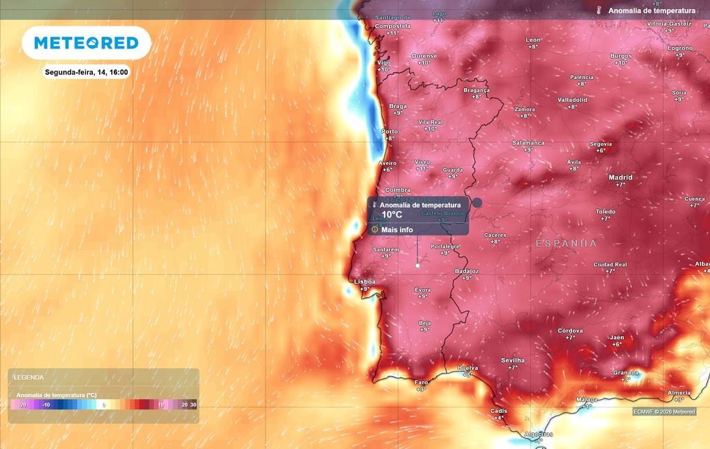 As anomalias térmicas serão positivas e bastante acentuadas (+8 a 10 ºC) em quase todo o território de Portugal continental, exceto nalgumas localidades da faixa costeira ocidental e no Algarve.