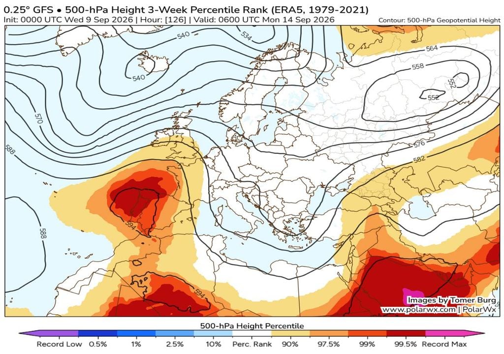 Este mapa do modelo GFS confirma o cenário de calor intenso previsto também previsto pelo modelo ECMWF, convergindo na existência de uma cúpula de calor em redor da Península Ibérica na segunda-feira, 14 de setembro. Imagem: Tomer Burg | PolarWx