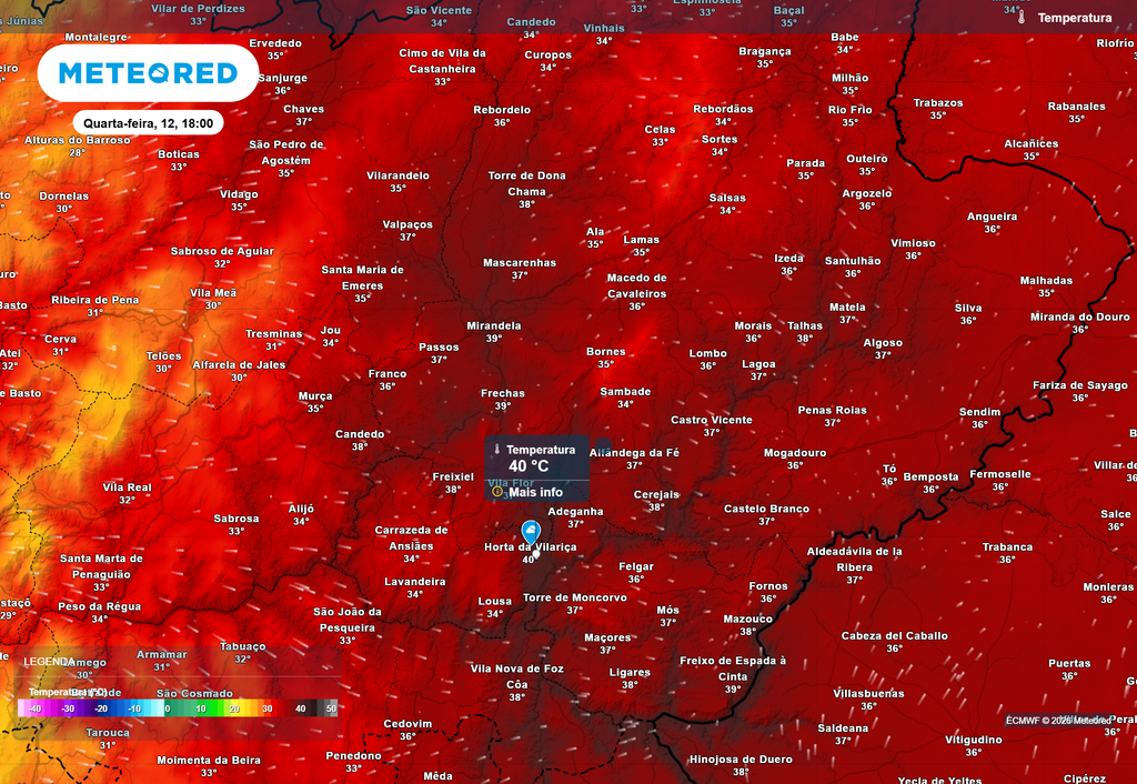 Para quarta-feira, 12 de agosto, prevê-se que algumas localidades situadas no Nordeste Transmontano, como Horta da Vilariça e Lodões, atinjam os 40 ºC de temperatura máxima.