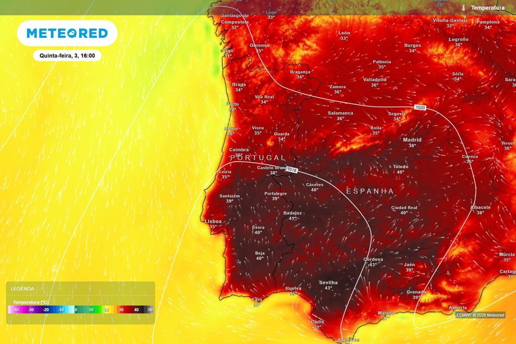 Quinta-feira será o dia mais quente: termómetros chegam aos 40 ºC O ECMWF prevê máximas de 40 ºC em Évora e Beja na quinta-feira. Santarém e Portalegre poderão atingir 39 ºC e Castelo Branco 38 ºC.