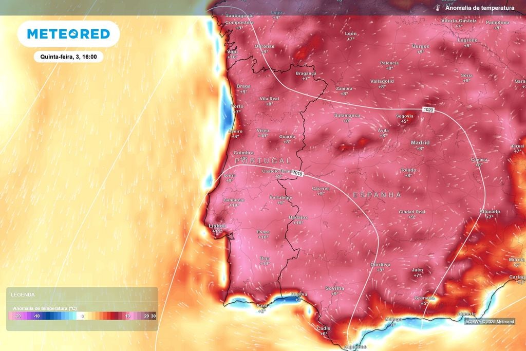 Temperaturas poderão ficar até 11 ºC acima da média Na quinta-feira, as temperaturas estarão muito acima do habitual para o início de setembro, com anomalias próximas de +10 ºC em várias regiões e pontualmente até +11 ºC.