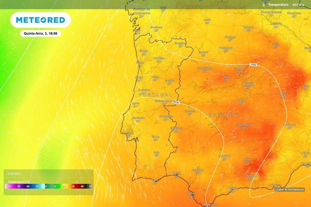 Ar muito quente em altitude alimentará o pico de calor Uma massa de ar subtropical muito quente estará instalada sobre a Península Ibérica na quinta-feira, com valores próximos dos 24 a 26 ºC a cerca de 1500 metros de altitude.