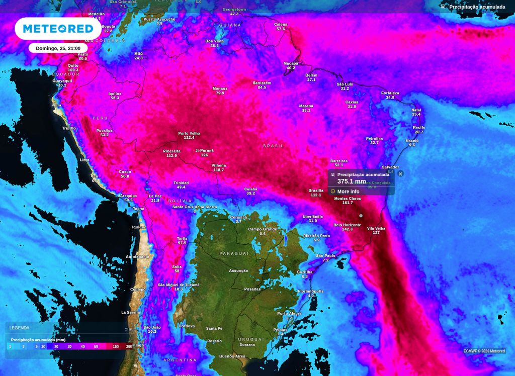 Precipitação acumulada até domingo (25), segundo o modelo ECMWF.