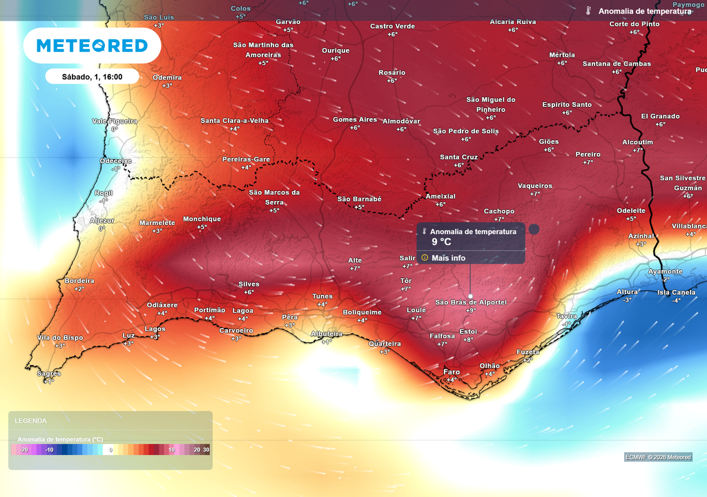 Para sábado, 1 de agosto, evidenciam-se anomalias térmicas positivas bastante significativas numa vasta extensão do Algarve (+7 a +9 ºC), especialmente no Sotavento Algarvio. Porém, a previsão de temperaturas muito superiores aos valores médios de referência também se verifica numa pequena porção do Barlavento Algarvio, correspondente à área serrana da metade ocidental do distrito de Faro.