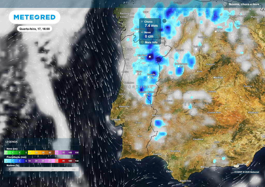Chuva A tarde desta quarta-feira será marcada por aguaceiros e trovoadas no interior Norte e Centro, com acumulados horários localmente superiores a 9 mm na Beira Baixa.