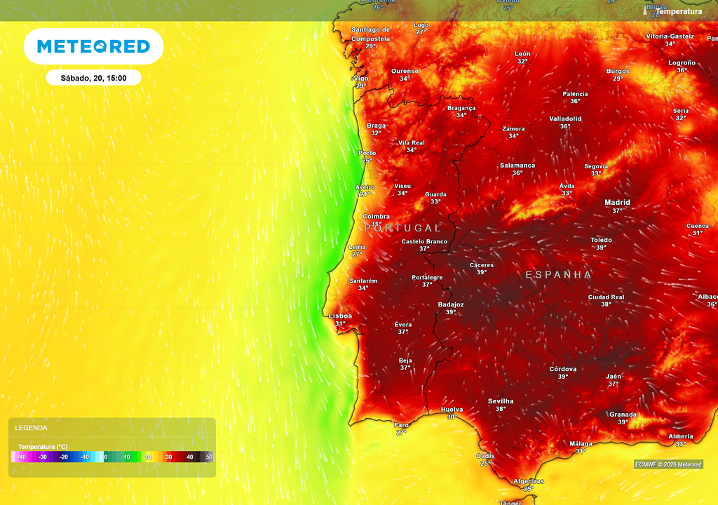 A massa de ar quente proveniente do Norte de África fará aumentar as temperaturas no sábado, com valores próximos dos 40 ºC no interior do Alentejo e da Beira Baixa.