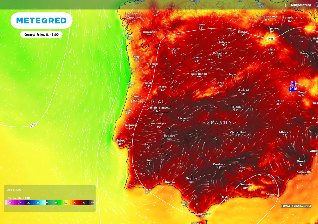 Mapa de temperatura previsto para quarta-feira, 8 de julho, às 16h00 As temperaturas máximas previstas para quarta-feira evidenciam a persistência do calor intenso no interior de Portugal, com valores que poderão atingir os 41 ºC.