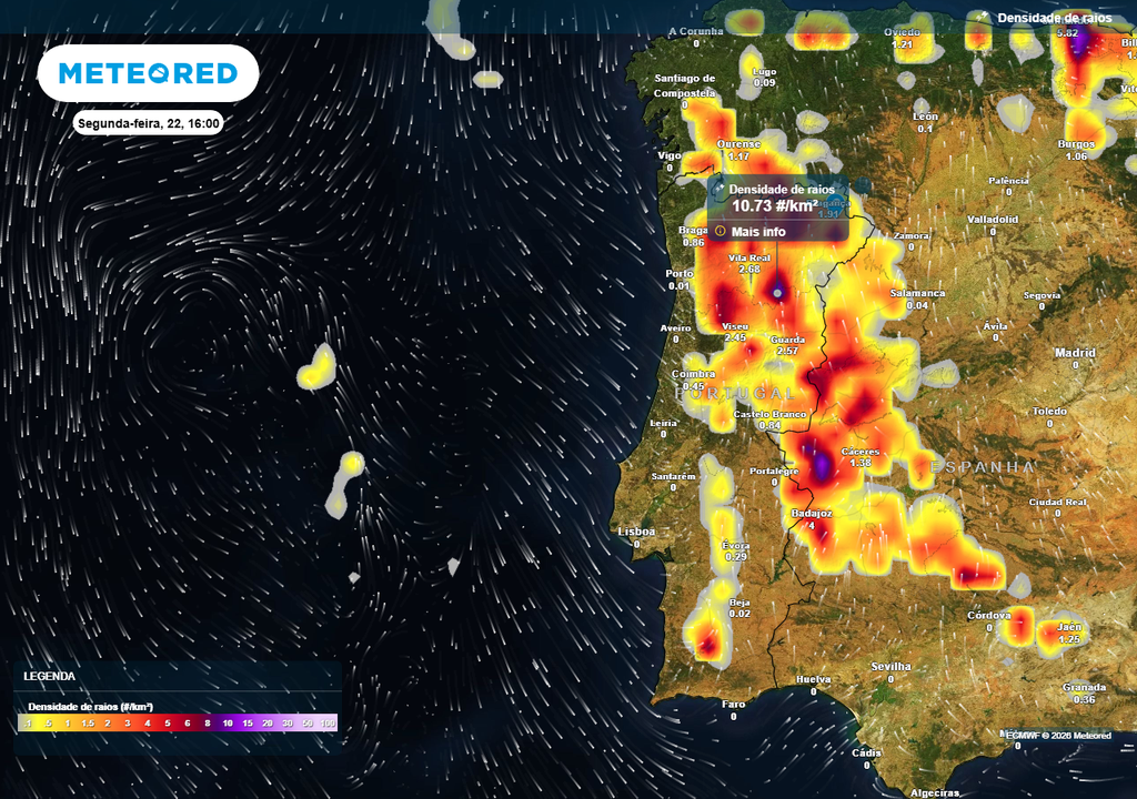 O contraste entre o ar quente à superfície e o ar frio em altitude criará condições favoráveis à formação de células convectivas, não se excluindo a ocorrência de aguaceiros localmente intensos, atividade elétrica frequente e até mesmo queda de granizo. Por outro lado, a presença de poeiras em suspensão poderá inibir ou atenuar parcialmente a atividade das nuvens de trovoada.