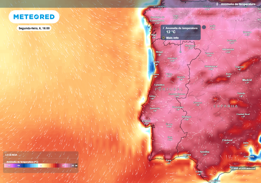 Embora no início da próxima semana esteja previsto um ligeiro alívio térmico nalgumas partes do território, as anomalias de temperatura manter-se-ão bastante expressivas em grande parte da geografia portuguesa (entre 9 e 12 ºC acima da média climatológica de referência).