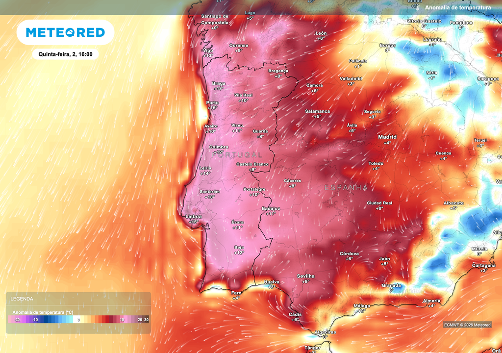 Na tarde de quinta-feira, as temperaturas deverão situar-se até 15 ºC acima da normal climatológica em vastas áreas de Portugal continental, evidenciando a intensidade do aquecimento previsto pelo ECMWF.