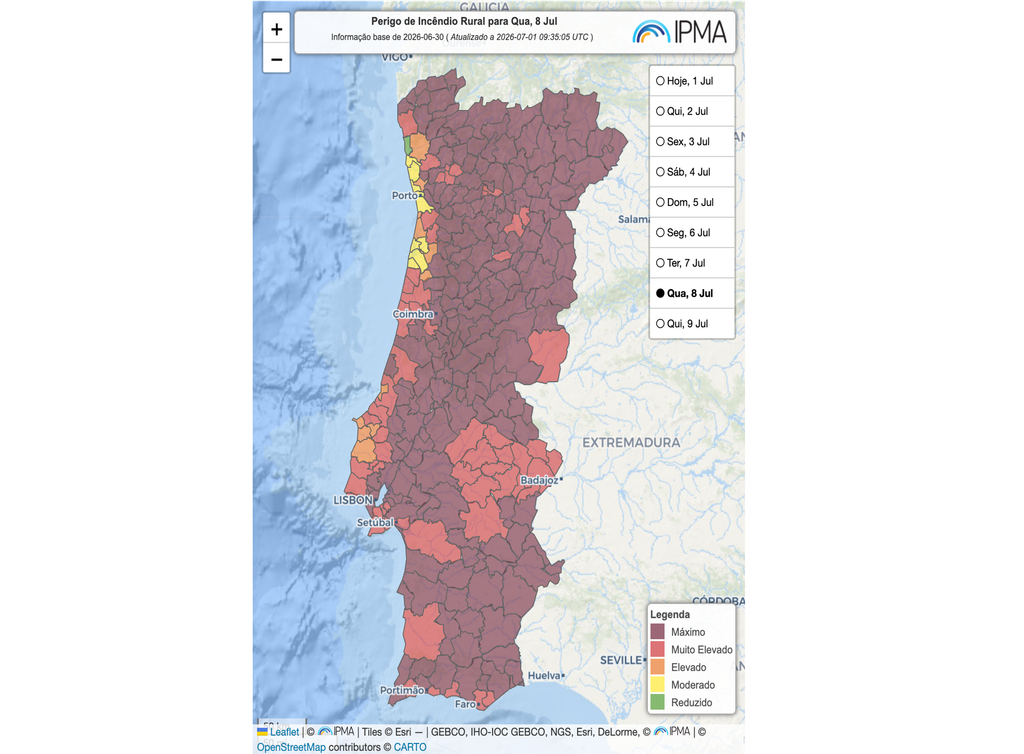 O perigo de incêndio rural deverá atingir níveis máximo e muito elevado em grande parte de Portugal continental até 8 de julho, refletindo o impacto esperado da persistência do calor, da baixa humidade relativa e do tempo seco. Fonte: IPMA.