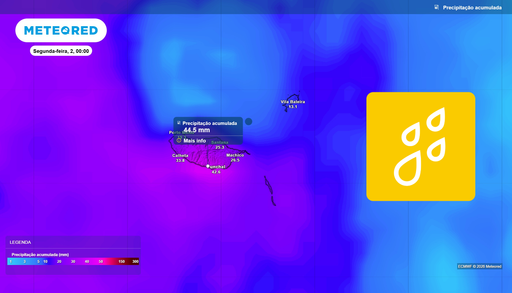 At&eacute; 45 mm: a partir das 21 horas a chuva ganhar&aacute; intensidade no arquip&eacute;lago da Madeira; eis as duas zonas mais afetadas