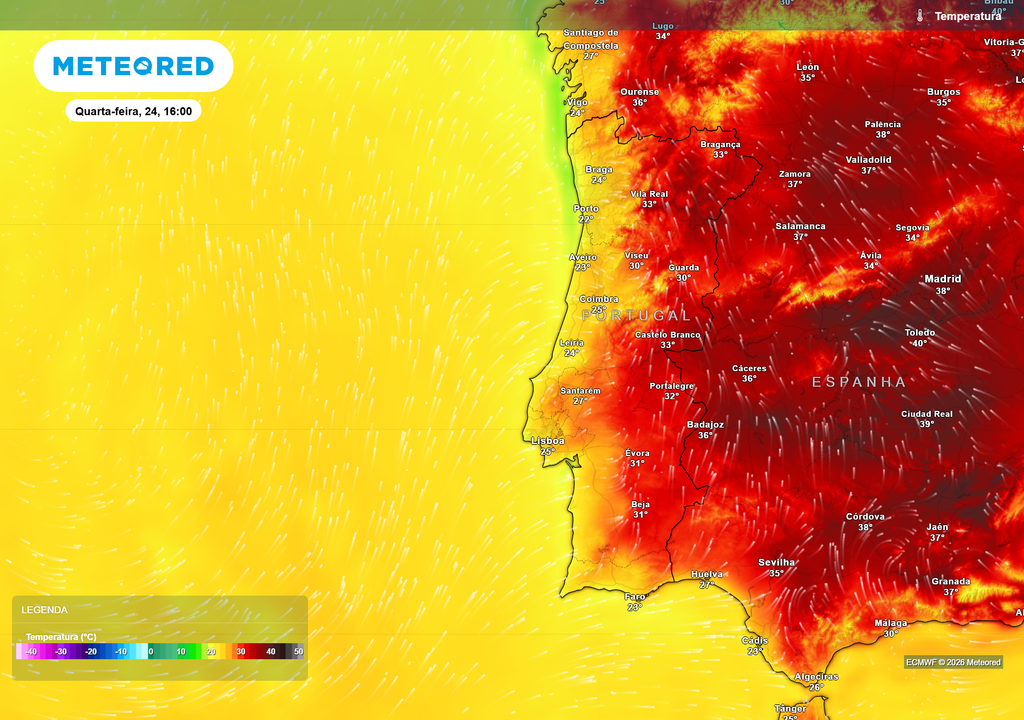 Temperatura à superficie Apesar de ainda se registarem valores próximos dos 30 °C em várias regiões do interior, a influência da depressão começa a fazer-se sentir. As temperaturas descem progressivamente durante a tarde, numa mudança evidente face aos dias anteriores marcados por calor intenso.