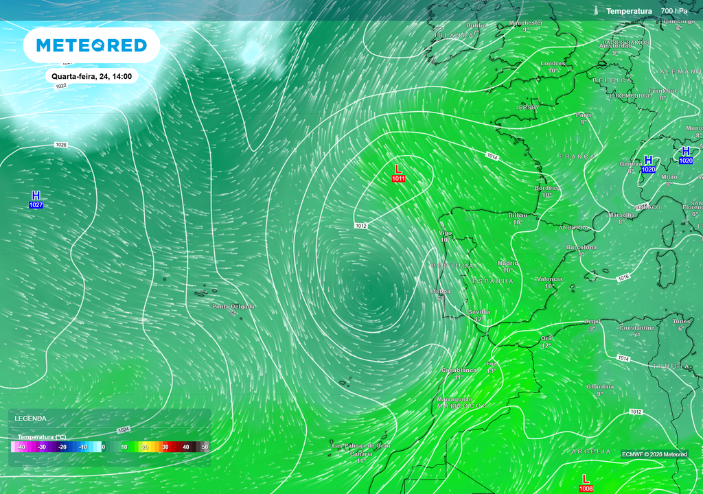 Temperatura 700 hPa Uma depressão posicionada a oeste de Portugal começa a alterar o padrão atmosférico. O ar mais frio em altitude aproxima-se do território continental e empurra gradualmente a massa de ar quente que dominou os últimos dias, criando condições favoráveis ao desenvolvimento de aguaceiros e trovoadas.