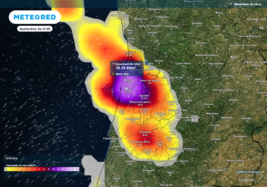 Densidade de raios elétricos A instabilidade atmosférica favorece a formação de células convectivas capazes de gerar trovoadas fortes, rajadas de vento e granizo. Na região de Aveiro, a densidade de descargas elétricas poderá ultrapassar os 28 raios por km² numa hora, valor associado a trovoadas de forte intensidade.