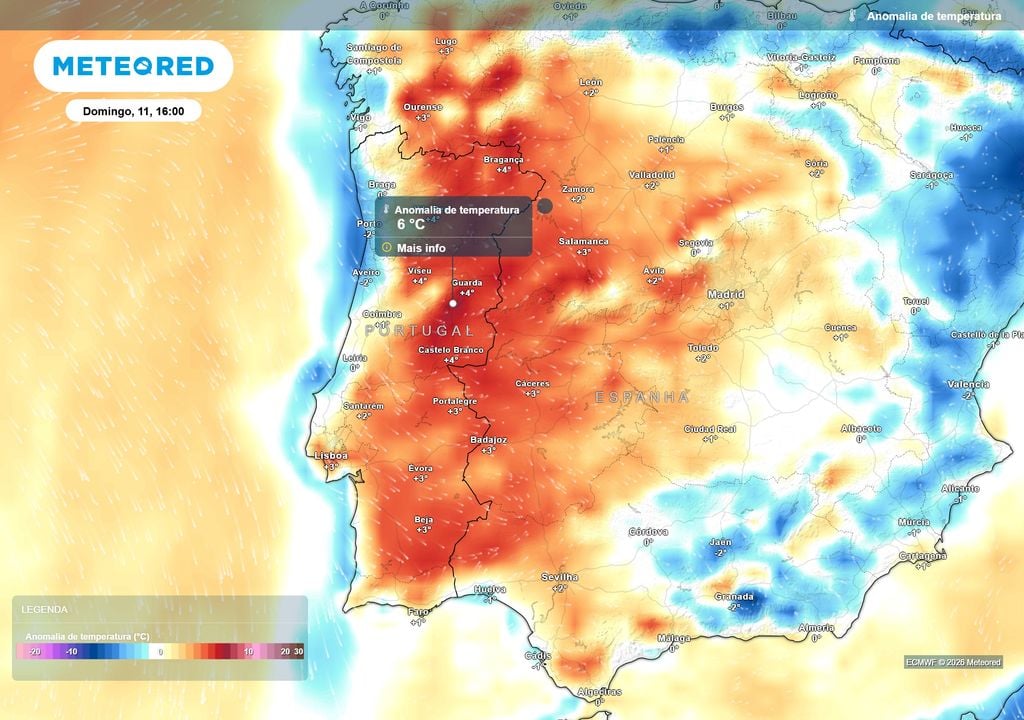 anomalia de temperatura Até domingo, dia 11, as anomalias térmicas positivas deverão ganhar terreno em Portugal Continental. Além disso, poderão registar-se até 6 ºC acima da média. º