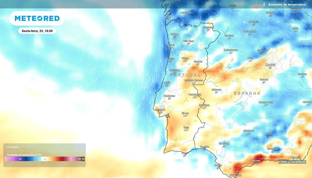 Anomalia de temperatura prevista para sexta-feira, 23 de outubro, às 15:00 em Portugal Continental. Fonte: Modelo ECMWF / Meteored