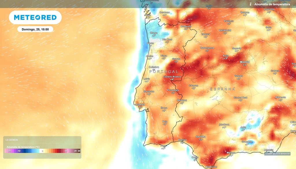 Anomalia de temperatura prevista para a tarde de domingo, 25 de outubro, às 15:00. Fonte: Modelo ECMWF / Meteored
