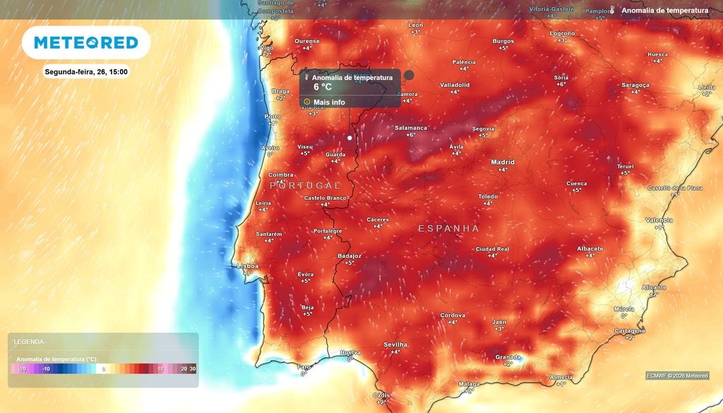Anomalia de temperatura prevista para a tarde de segunda-feira, 26 de outubro, às 15:00. Fonte: Modelo ECMWF / Meteored