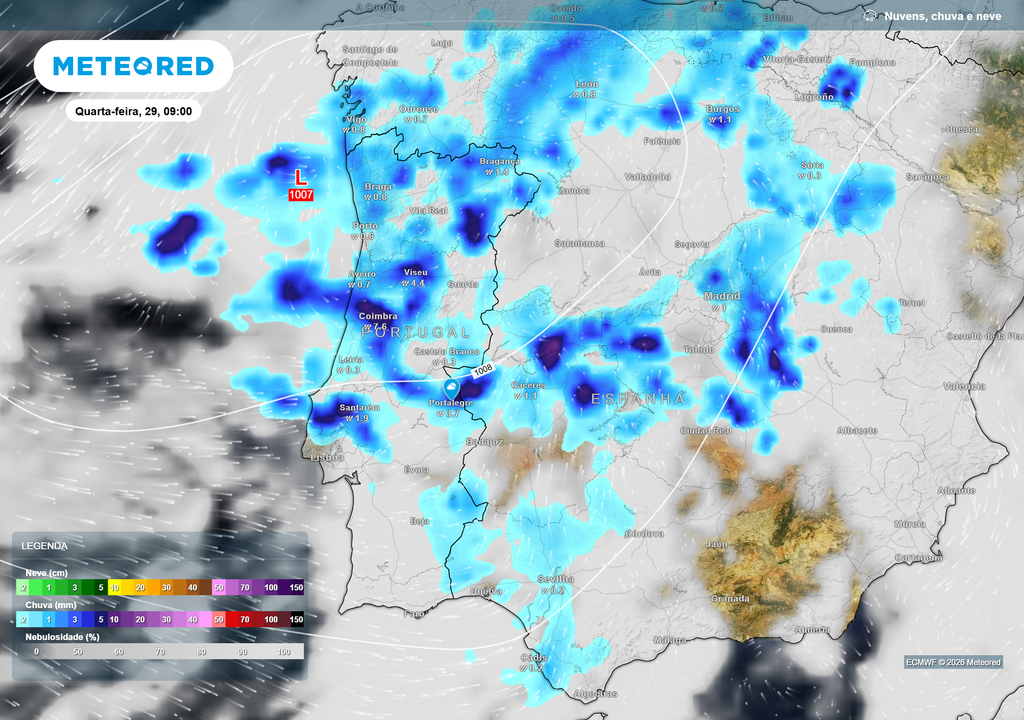 Chuva persistente desde a madrugada de quarta-feira, com maior intensidade no Norte e Centro, onde poderão ocorrer períodos localmente fortes.