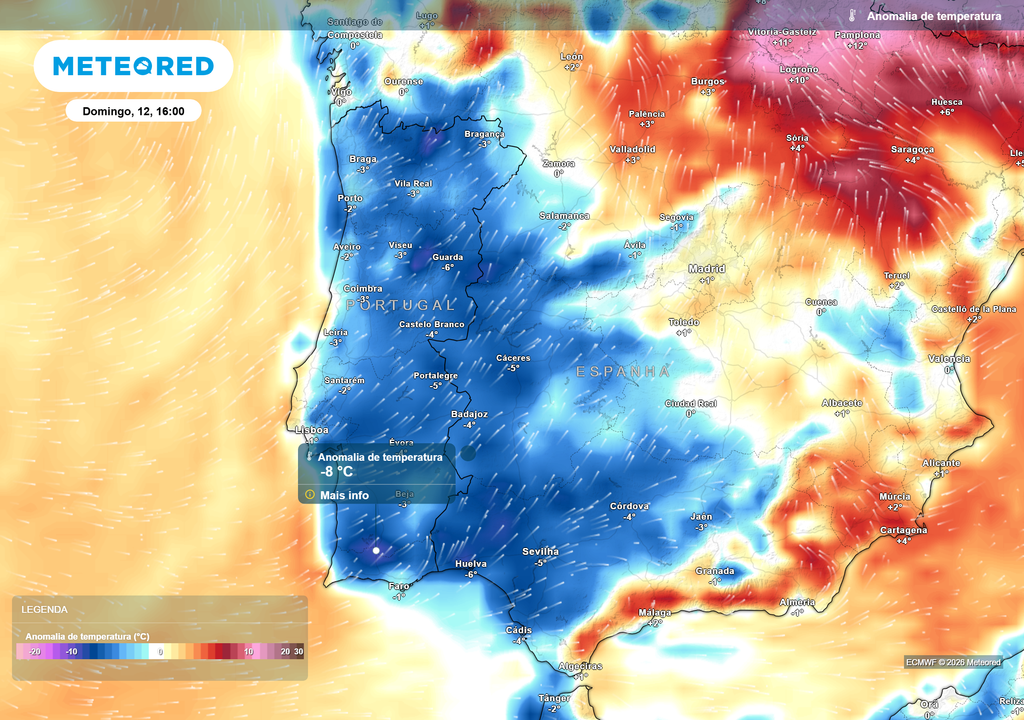 anomalias térmicas Com a descida das temperaturas, as anomalias térmicas negativas voltam a cobrir a nossa geografia. Alguns locais podem contar com temperaturas até 8 ºC abaixo da média, pelas 16h de domingo.