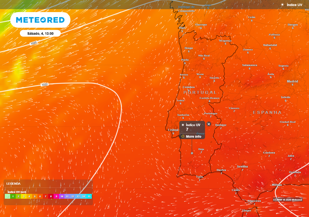 Nestes próximos dias o índice UV oscilará entre os níveis 5 e 7, mais típicos de finais de primavera, no período de maior radiação solar (12:00 - 15:00). Isto exigirá precauções extra em relação à exposição solar.