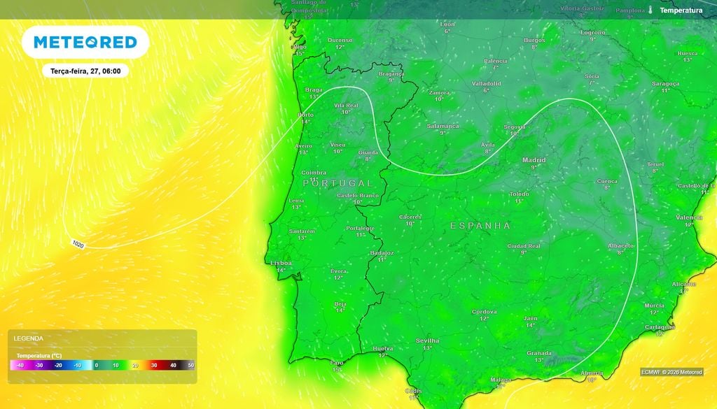 Terça-feira poderá começar com apenas 8 ºC na Guarda e em Bragança O ECMWF prevê temperaturas próximas de 8 ºC na Guarda e em Bragança durante a madrugada de terça-feira, contrastando com valores superiores nas regiões costeiras.