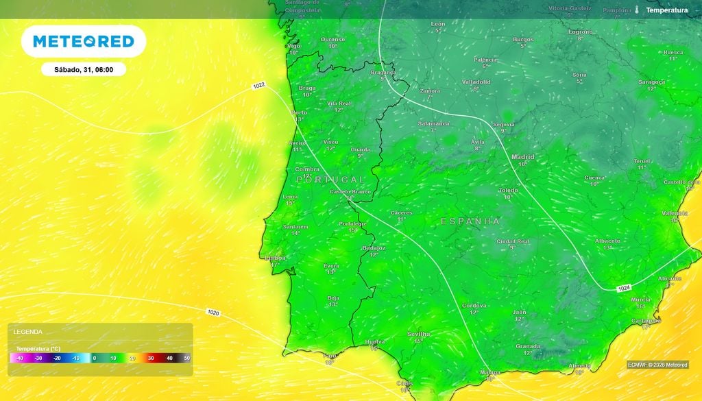 Sábado apresenta temperaturas ligeiramente mais elevadas em algumas cidades O ECMWF prevê cerca de 10 ºC na Guarda e em Bragança, com temperaturas superiores em várias localidades do litoral.