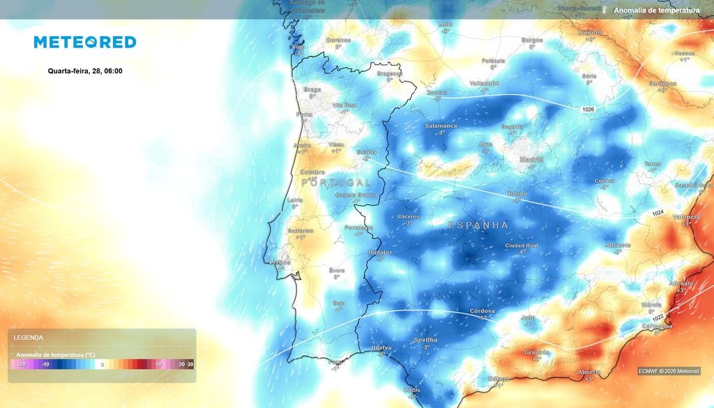 Anomalias térmicas negativas em várias regiões na quarta-feira O ECMWF prevê desvios negativos próximos de 1 a 2 ºC em diferentes zonas de Portugal continental, embora existam contrastes regionais.