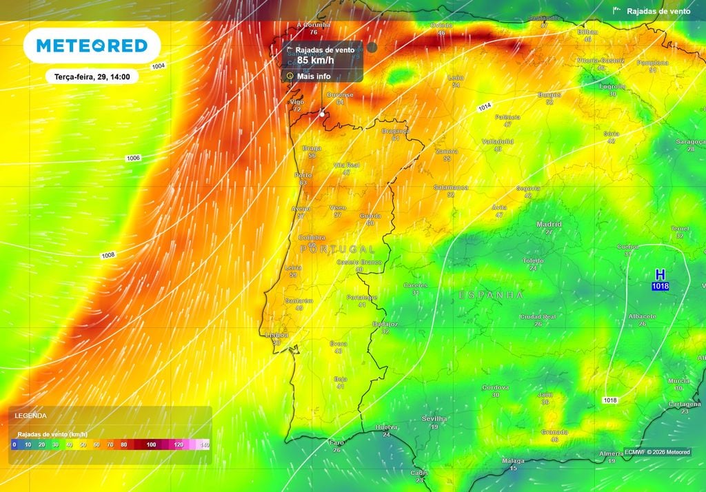 O mapa revela que algumas serras do extremo noroeste de Portugal continental, inseridas no Alto Minho e no Alto Tâmega e Barroso, são as zonas onde se prevê as rajadas mais fortes nesta terça-feira, 29 de setembro, com velocidades estimadas de até 85 km/h. Nas zonas dos distritos do Porto e de Viseu mais expostas aos ventos do quadrante Sul prevê-se a possibilidade de serem registadas rajadas de até 75 km/h.