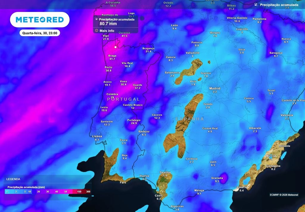 A mais recente atualização do modelo europeu antecipa até 80 mm de chuva acumulada nas zonas mais expostas do Alto Minho.