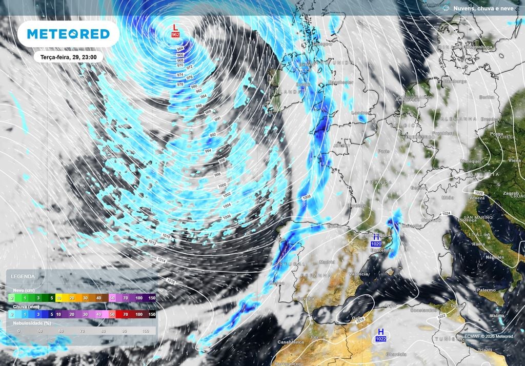 Frente fria a percorrer a geografia de Portugal continental de noroeste para sudeste entre terça (29) e quarta-feira (30).