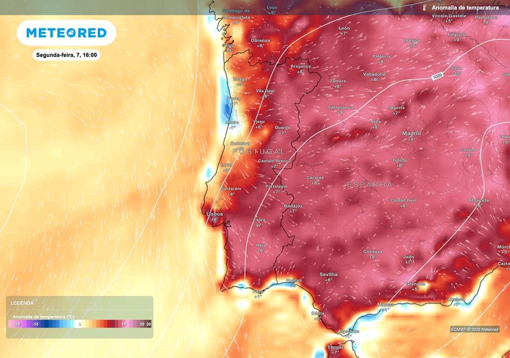No início da semana, as temperaturas estarão bastante acima do habitual para esta época do ano, sobretudo no interior. As anomalias térmicas positivas poderão atingir cerca de 7 ºC em Évora e 9 ºC em Beja.