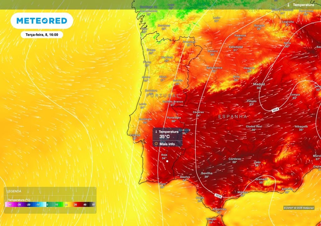 Na terça-feira, a descida das temperaturas começará a sentir-se sobretudo no Norte e litoral, com máximas de 22 ºC no Porto e Aveiro e de 24 ºC em Leiria. O calor persistirá no interior Sul.