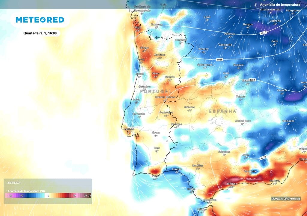 Na quarta-feira, as anomalias térmicas positivas deverão diminuir significativamente em Portugal continental. Os valores ficarão próximos do normal em grande parte do território, podendo atingir cerca de 2 ºC abaixo da média em algumas zonas do Centro.