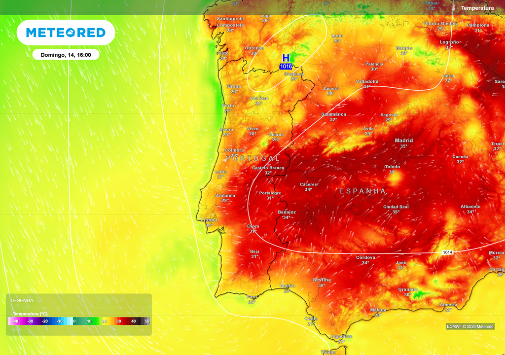 Temperatura máxima prevista para domingo, 14 de junho, às 16h As temperaturas continuarão elevadas em grande parte do território, fornecendo energia adicional para o desenvolvimento da convecção.
