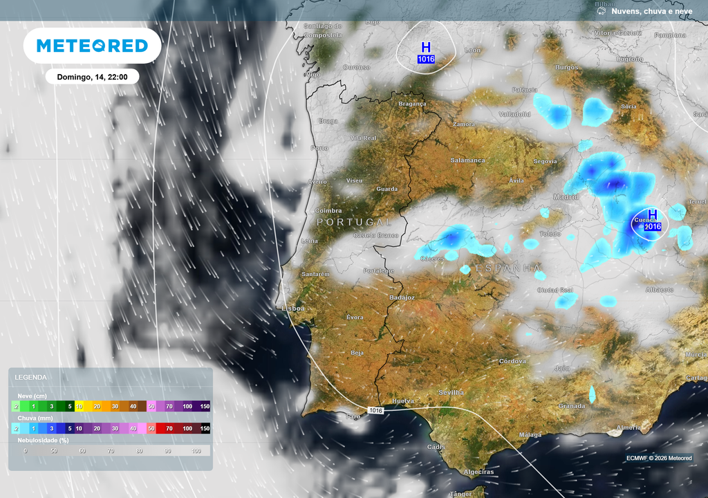 Probabilidade de precipitação para domingo, 14 de junho, às 22h A probabilidade de precipitação diminui significativamente em Portugal continental durante a noite.