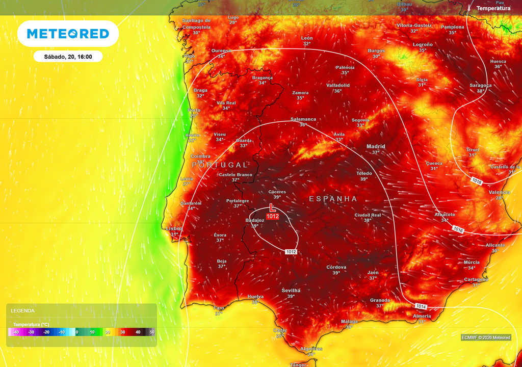 Temperatura máxima prevista para sábado, 20 de junho, às 16h Várias capitais distritais poderão atingir ou ultrapassar os 37 °C logo no sábado.