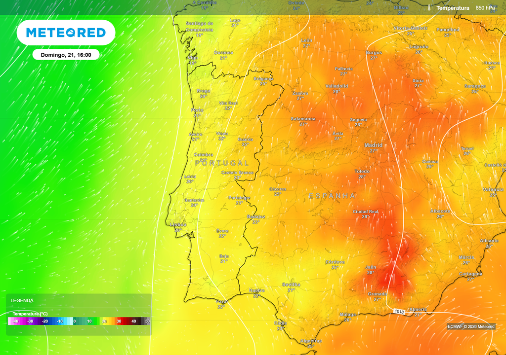 Temperatura a 850 hPa prevista para domingo, 21 de junho, às 16h Uma massa de ar muito quente deverá instalar-se sobre Portugal continental durante o fim de semana.