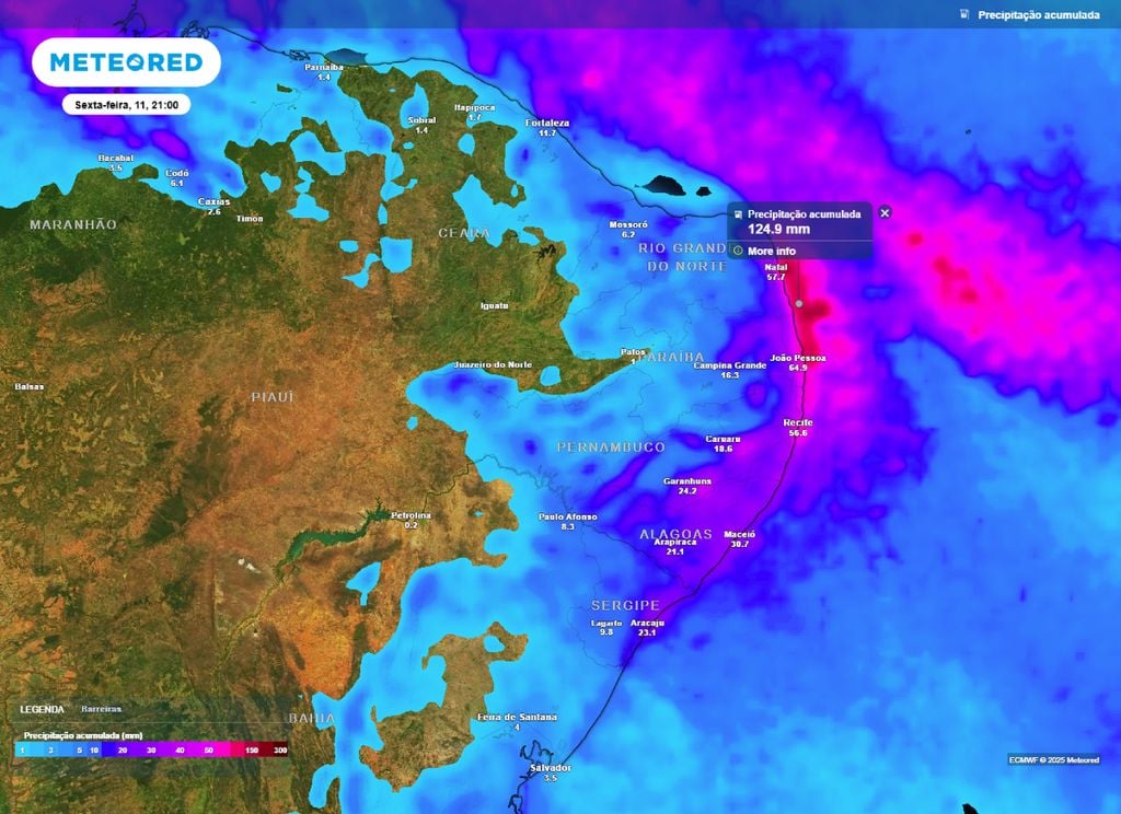 Mapa de precipitação acumulada entre terça (8) e sexta-feira (11) para a Região Nordeste.. Mapa de precipitação acumulada entre terça (8) e sexta-feira (11) para a Região Nordeste..