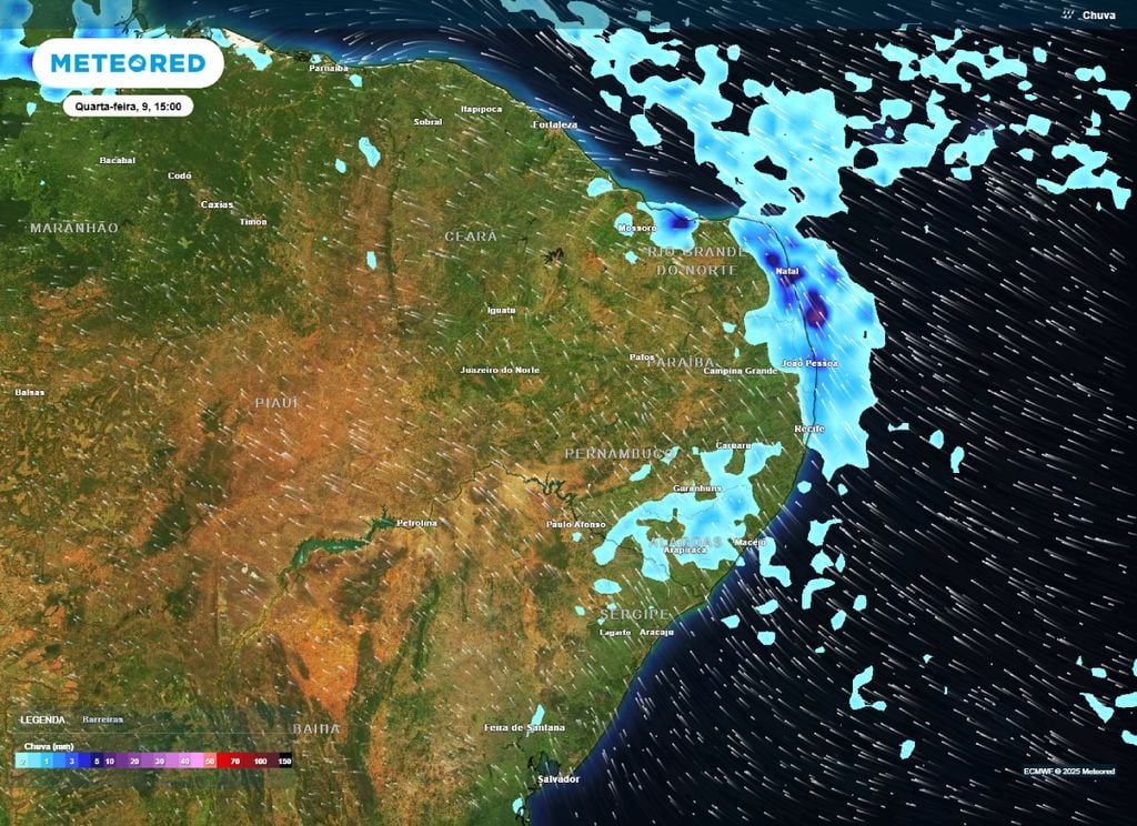 Mapa de precipitação prevista para a tarde de quarta-feira (9). Mapa de precipitação prevista para a tarde de quarta-feira (9).