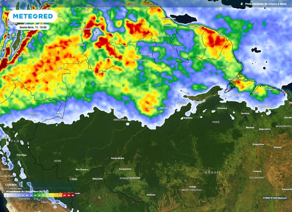 Mapa de probabilidade de precipitação para a tarde de sexta-feira (11), segundo o modelo ECMWF. Mapa de probabilidade de precipitação para a tarde de sexta-feira (11), segundo o modelo ECMWF.
