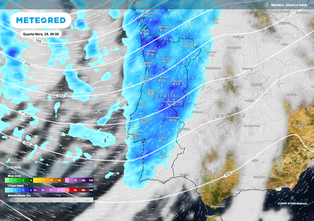 Se a previsão se mantiver, quarta-feira, 25 de fevereiro, será cinzenta e húmida em praticamente toda a geografia do Continente, sobretudo na primeira metade do dia.