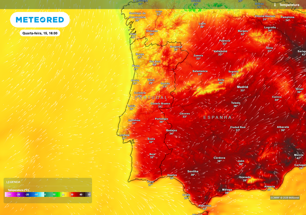 Temperatura máxima prevista para quarta-feira, 15 de julho Os valores mais elevados deverão concentrar-se no Baixo Alentejo e no Sotavento Algarvio, enquanto grande parte do país ficará abaixo dos 30 ºC.
