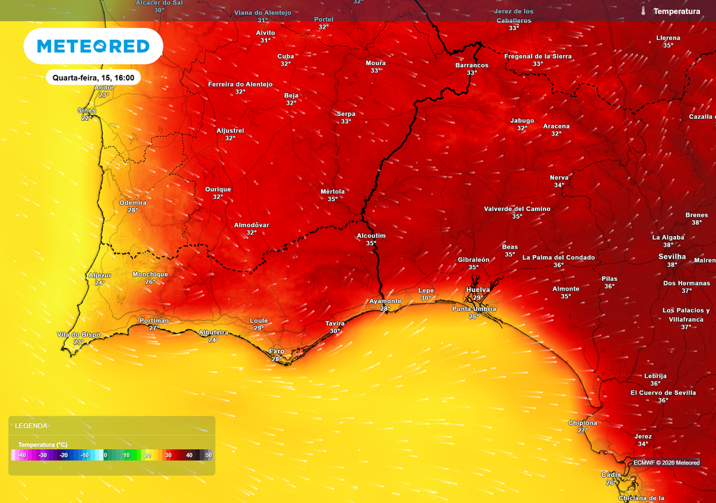 As únicas localidades onde se preveem 35 ºC entre quarta e sexta-feira Mértola, Alcoutim e Odeleite surgem como as únicas localidades onde o modelo prevê máximas de 35 ºC entre quarta e sexta-feira.