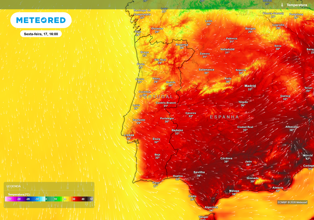 Temperatura máxima prevista para sexta-feira, 17 de julho Na sexta-feira, os valores mais altos continuarão concentrados no sudeste, sem uma subida generalizada das temperaturas em Portugal continental.