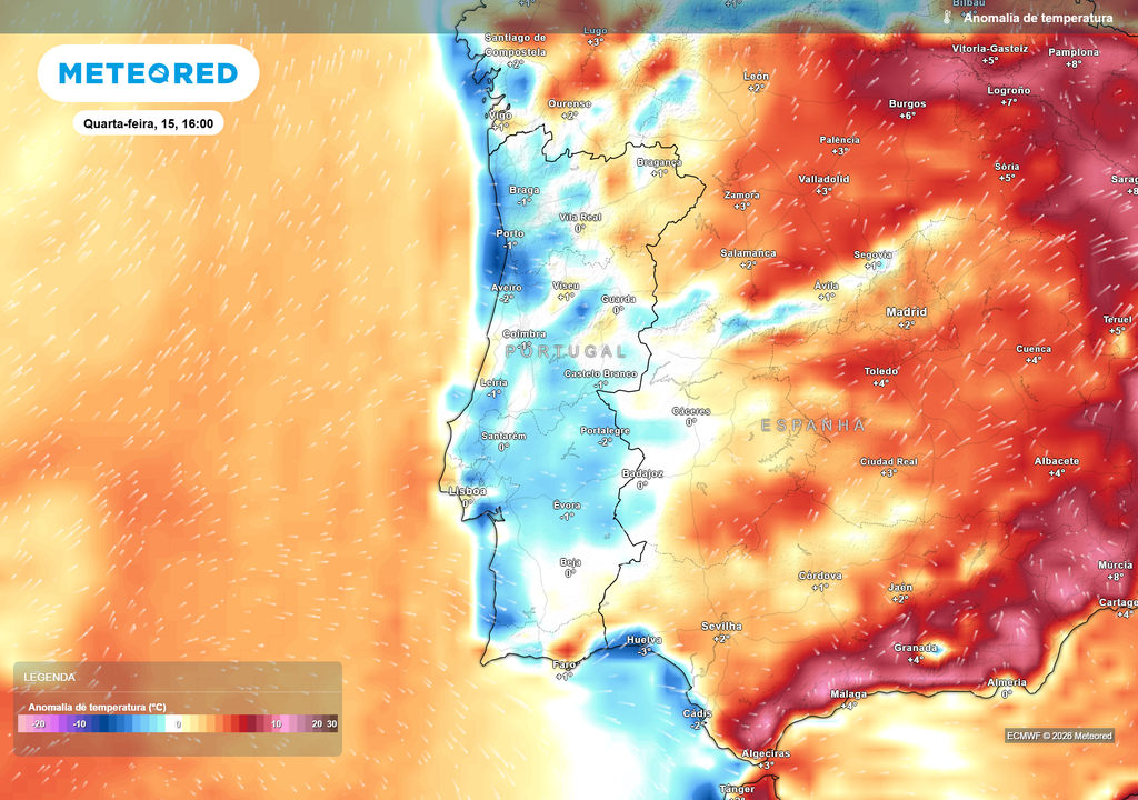 Anomalia da temperatura prevista para quarta-feira, 15 de julho A anomalia térmica mostra que Portugal continental deverá apresentar temperaturas próximas ou ligeiramente abaixo da média em várias regiões, contrastando com valores superiores na vizinha Espanha.