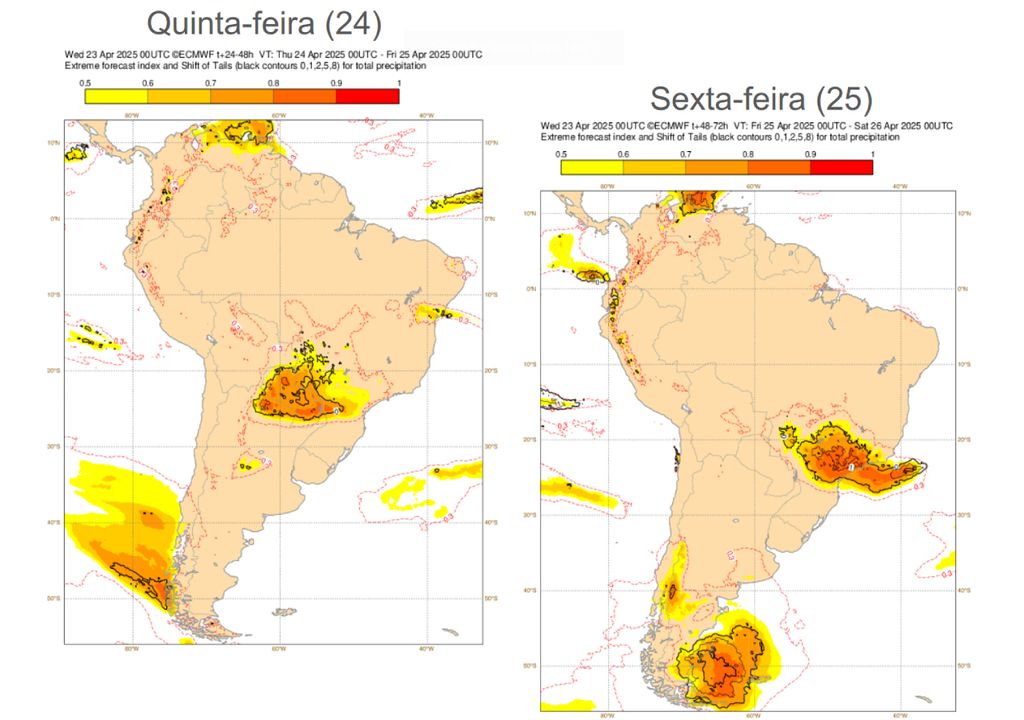 Índice de previsão extrema do modelo ECMWF. Créditos: ECMWF. Índice de previsão extrema do modelo ECMWF. Créditos: ECMWF.