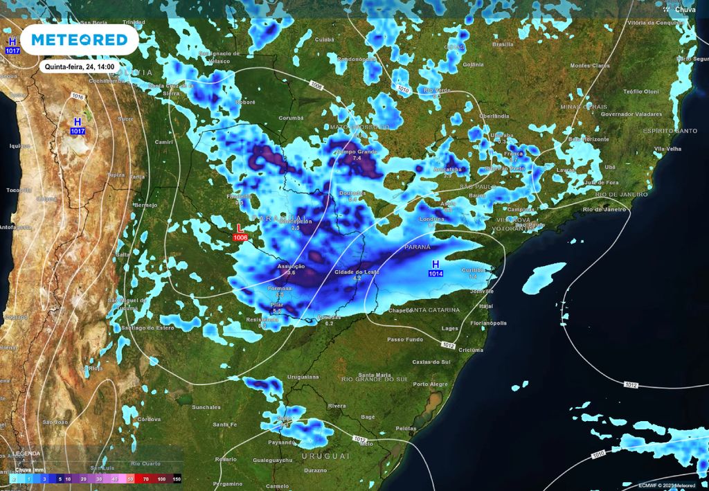 Previsão de chuvas intensas sobre a fronteira oeste, devido à atuação da baixa pressão (L) no Paraguai, quinta-feira (24), de acordo com o modelo ECMWF. Previsão de chuvas intensas sobre a fronteira oeste, devido à atuação da baixa pressão (L) no Paraguai, quinta-feira (24), de acordo com o modelo ECMWF.