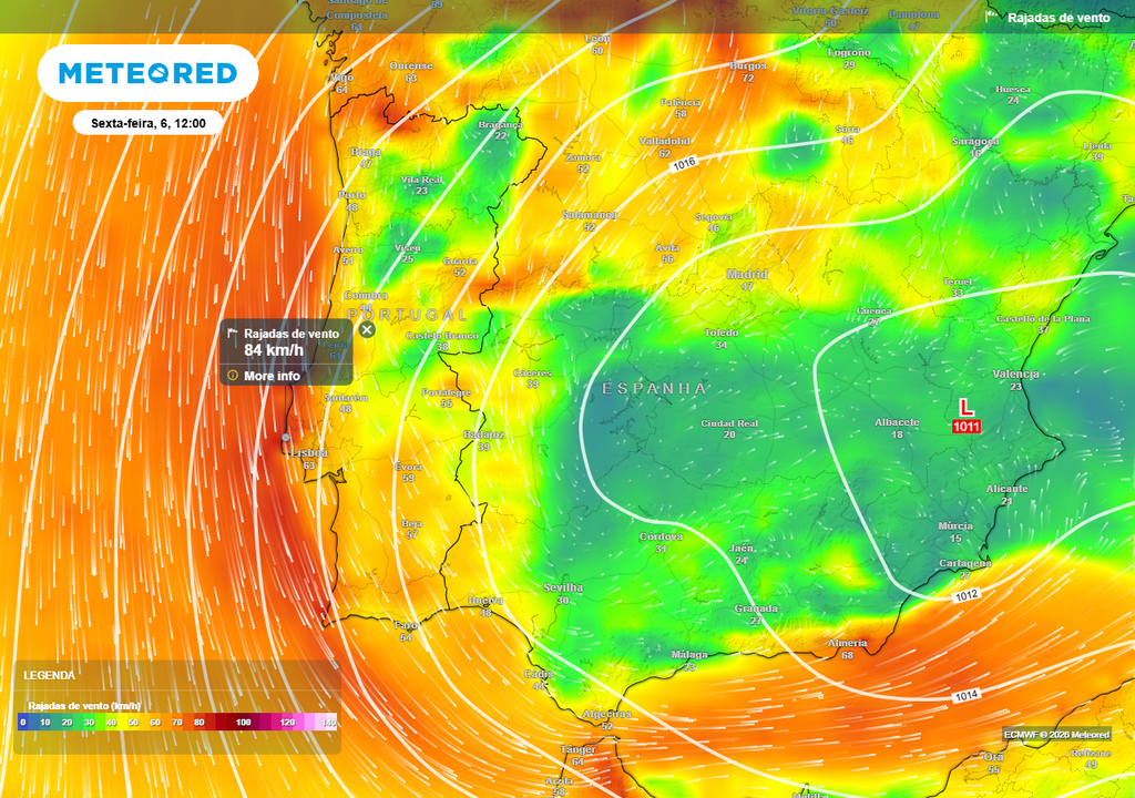 O temporal de vento será particularmente intenso no litoral Oeste, estando previstas rajadas até 90 km/h.